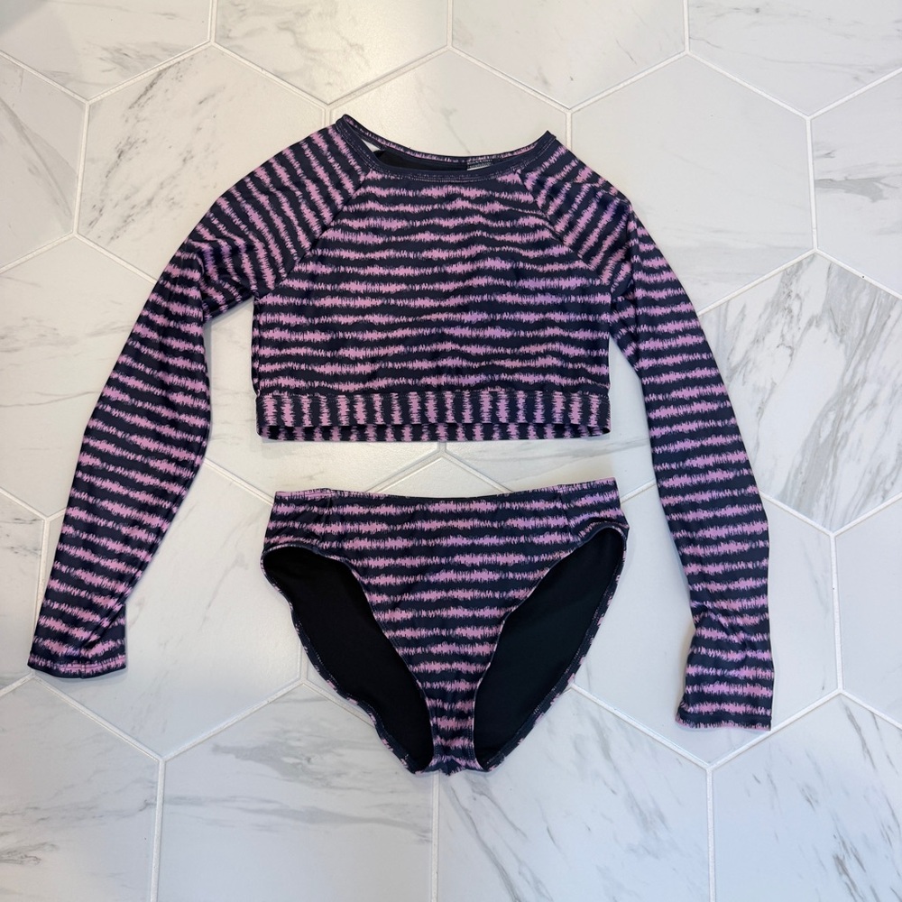Zella Kids Pink and Black Striped Swim Rashguard Set